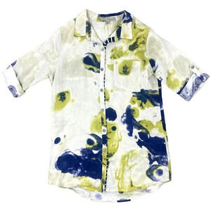 Earl Rutenberg Linen‎ Button Up Shirt Size 4 Lagenlook Roll Tab White Watercolor